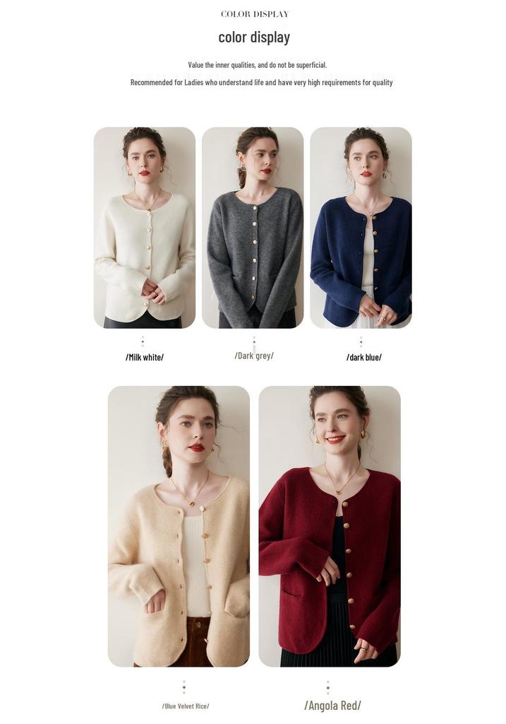 Round Neck Cashmere Cardigan for Women - Autumn/Winter Thick Knit Sweater Coat.