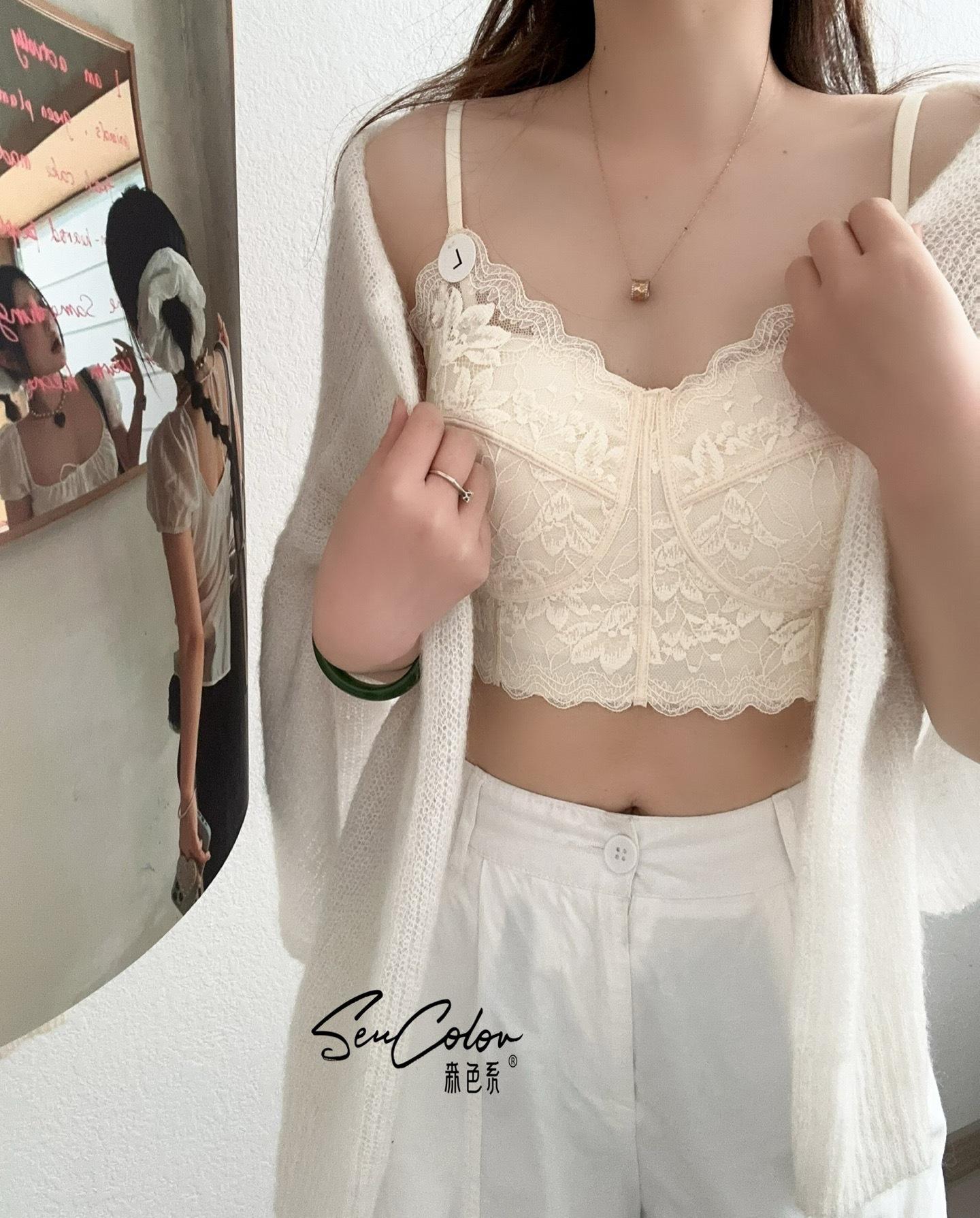 Lace V-neck beauty back underwear women s own chest pad bra integrated vest sling tube top beauty back underwear integrated type S=32/70AB молочный белый