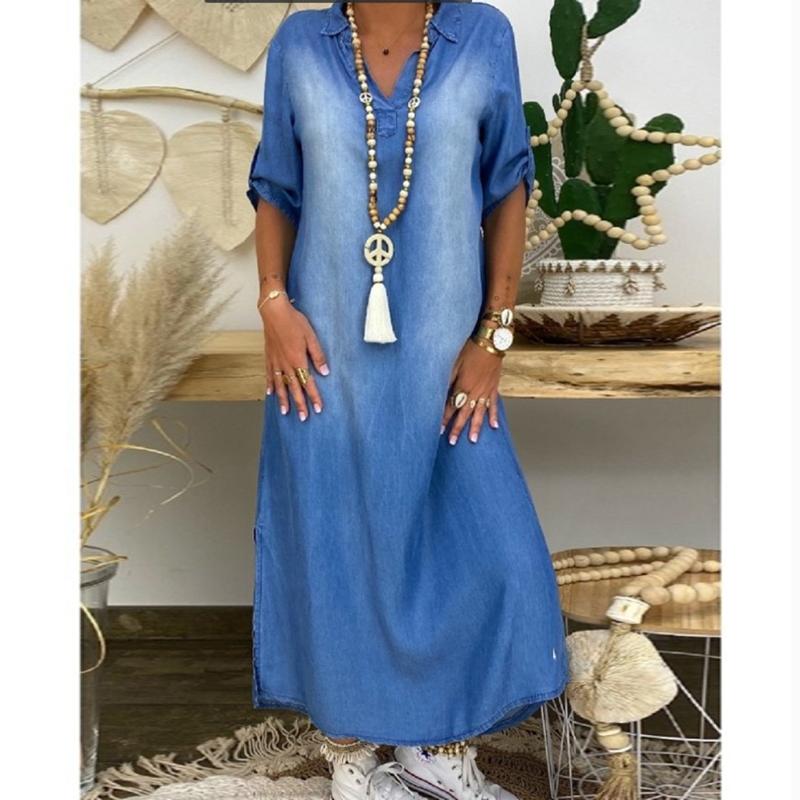 

2024 модное свободное джинсовое платье больших размеров, женское элегантное винтажное синее повседневное платье, женское однотонное летнее платье с коротким рукавом 24358