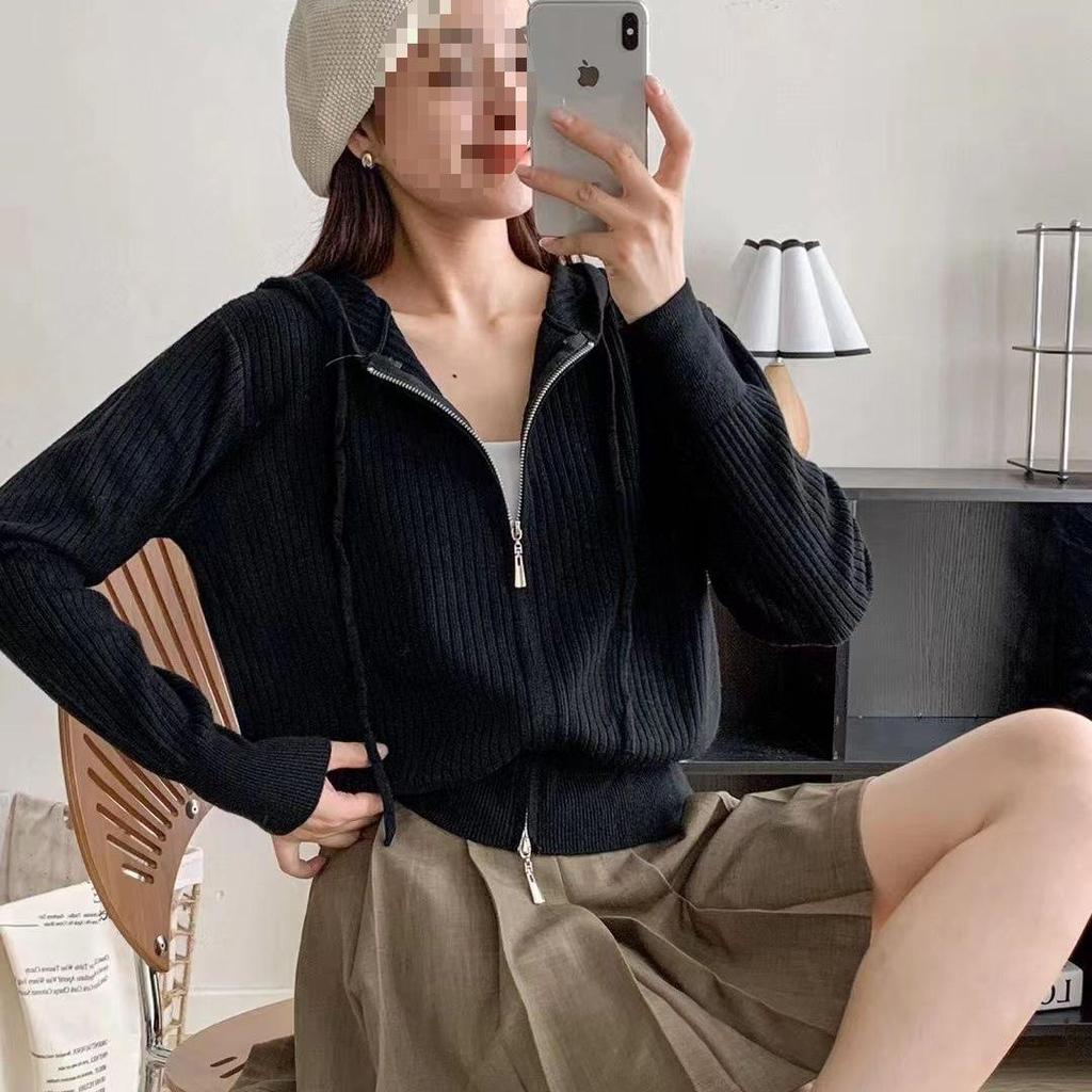 Casual Hooded Zip-Up Knitwear Jacket: Spring/Autumn Lightweight, Loose Fit, Versatile, Slimming Outerwear