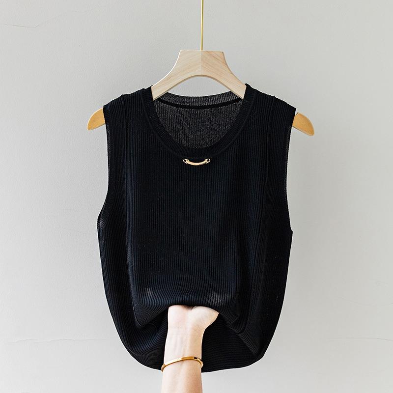 New ice silk suspender vest women's white sleeveless inner bottoming shirt loose with small suit knitted top