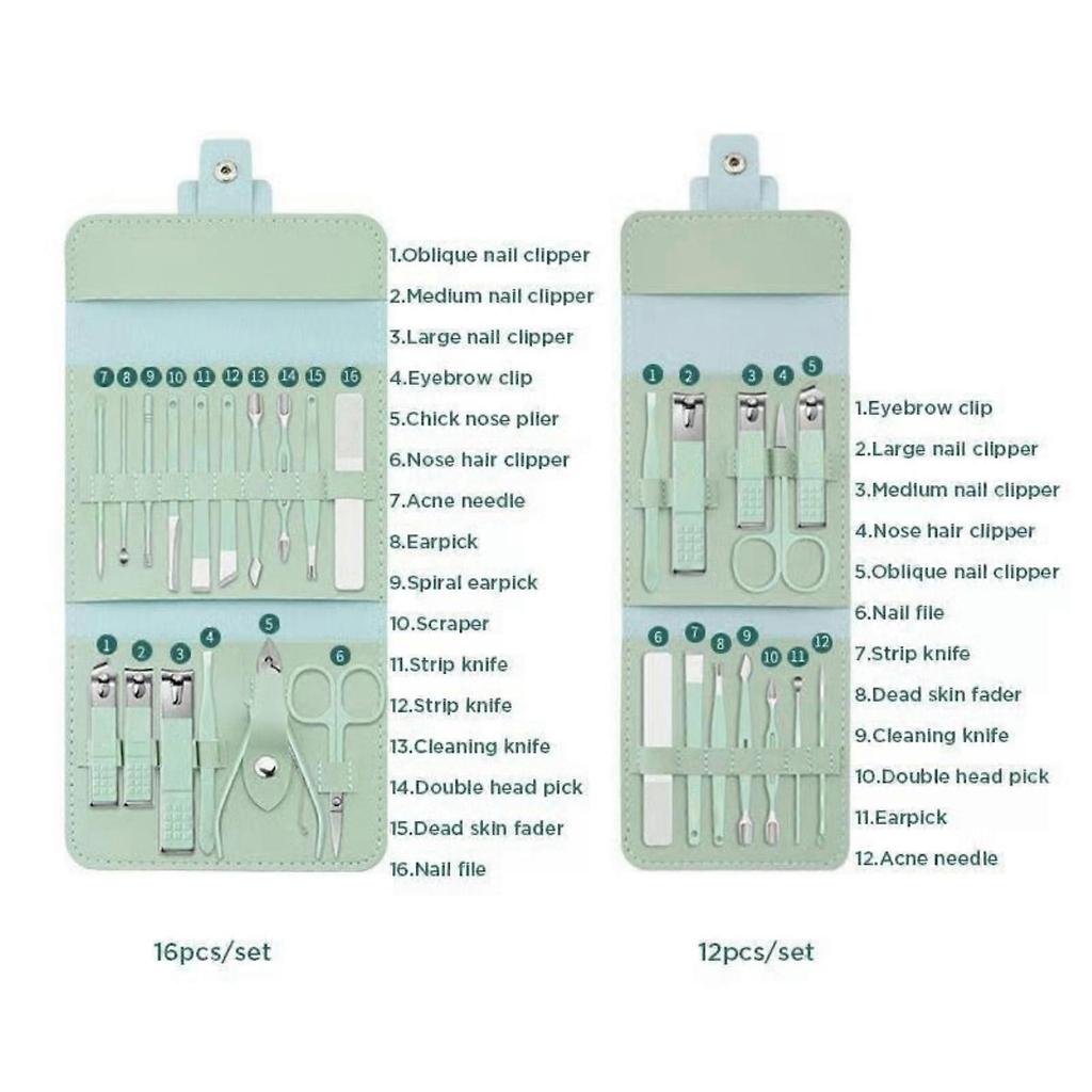 Portable Nail Clipper Set (12/16pcs), Folding Leather Manicure Kit with Clippers, Toenail Grooming & Personal Hygiene Care