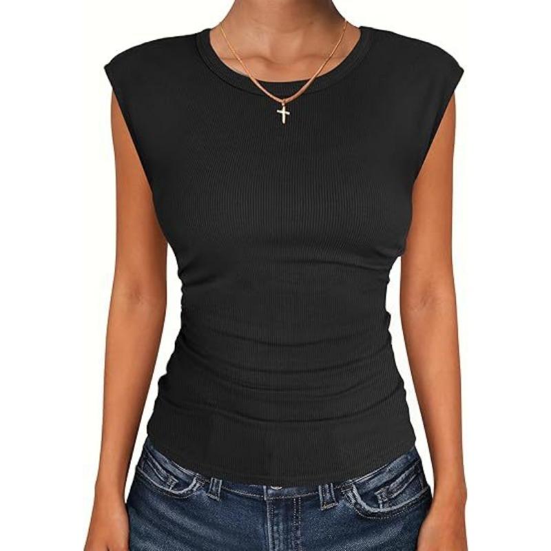 Women's Ribbed Knit Cap Sleeve Crew Neck Form-Fitting T-Shirt