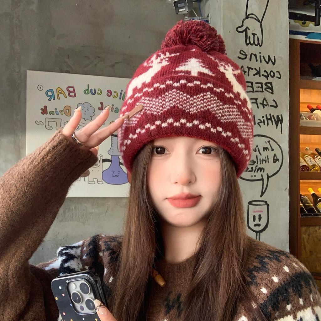 Red Deer Fur Ball Knitted Woolen Hat for Women New Autumn and Winter Face Showing Small Warm and Cold Proof Ear Protection Hat