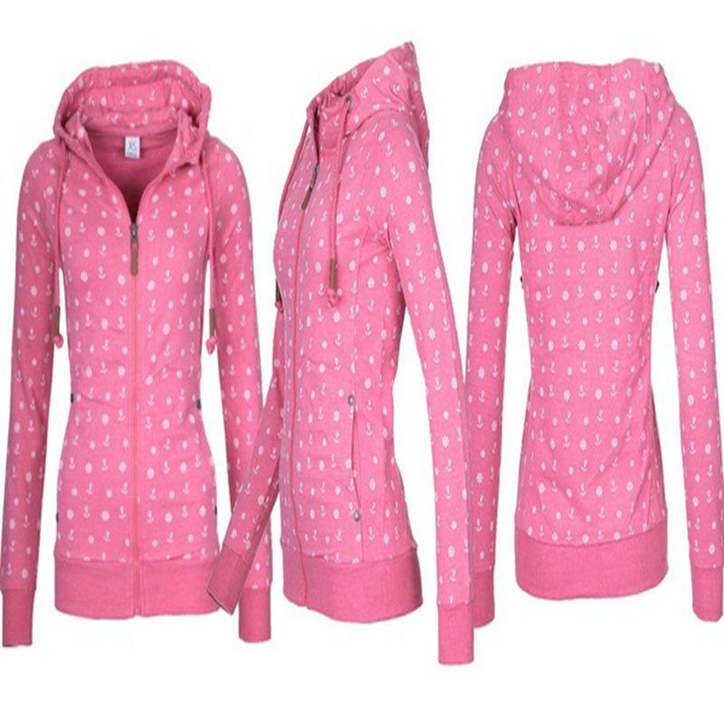 Luxuriöser und weicher Damen-Kapuzenpullover aus Fleece mit Seeanker-Print und Reißverschluss