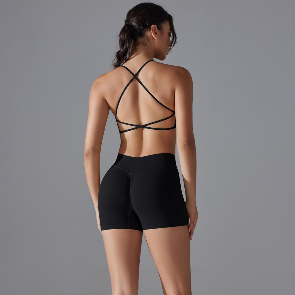 Seamless Solid Color Cross Beauty Back High Elastic Tight Sports Underwear Yoga Suit Running Fitness Two-piece Set