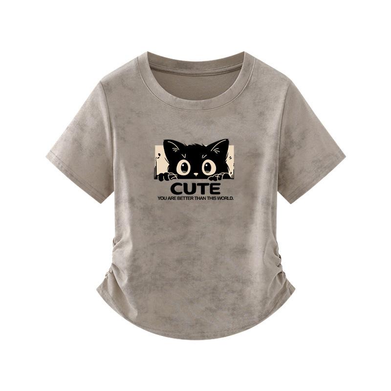 Pure cotton tie-dye cat short front shoulder short-sleeved t-shirt women's summer design niche slim top new