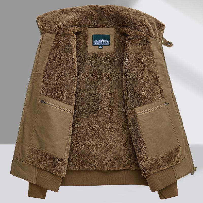 Chaqueta de piloto de la Fuerza Aérea de Alta Gama para Hombre: Terciopelo Forrado de Invierno, Algodón Puro, Corte Holgado, Ropa de Abrigo con Solapa para Personas de Mediana Edad.