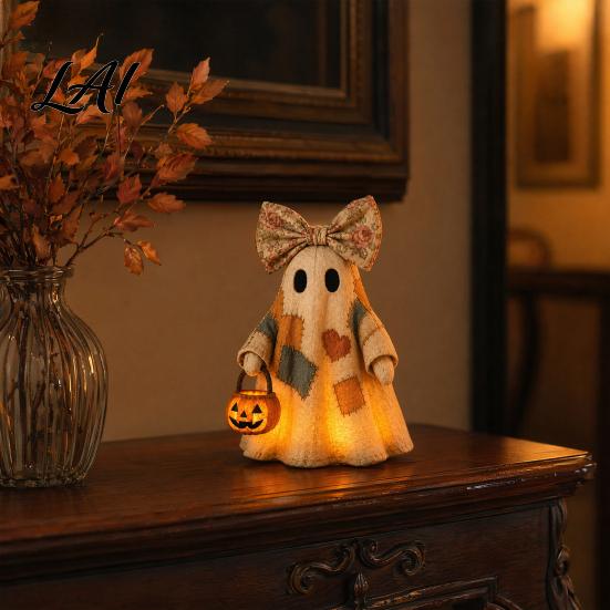 Farmhouse Style Fall Accents Lighted Vintage Patchwork Ghost LED Light Ghost with Pumpkin Lantern Halloween Decor Nostalgic Decor Ghosts Lamp,