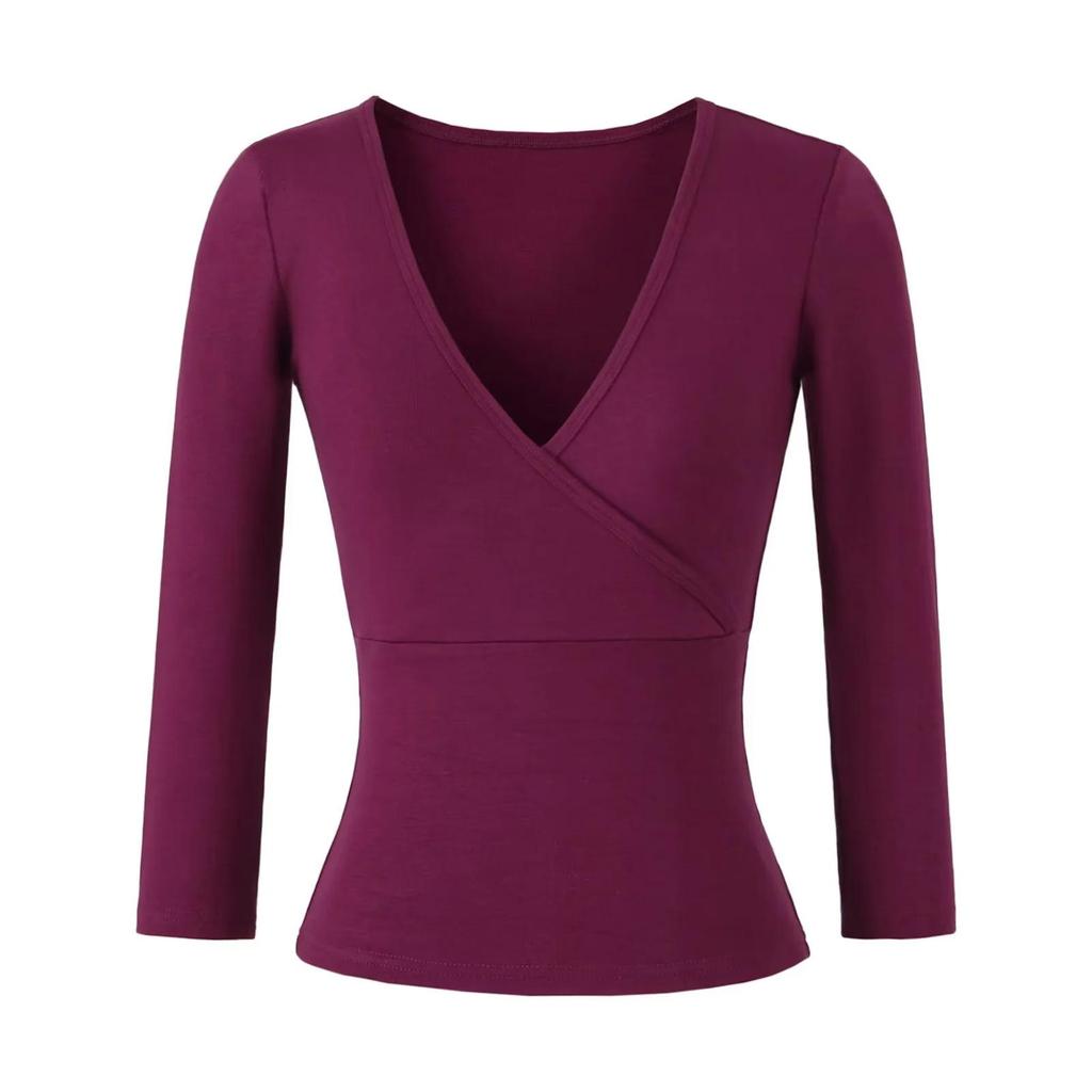 Stretchy Slim-Fit V-Neck Multi-Color Knit T-Shirt for Women (3/4 Sleeve)