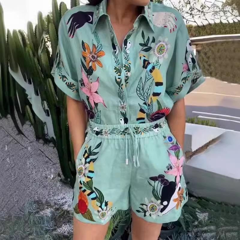 2023 New Casual European & American Two-Piece Set: Cotton & Linen Print Shirt + Shorts