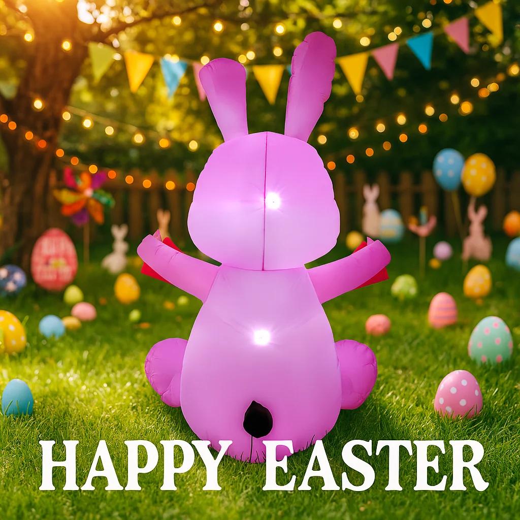 1.5M/4.9FT Easter DIY Inflatable Toy Rabbit Pulling Banner with LED Lights Outdoor Garden Yard Holiday Festival Decoration
