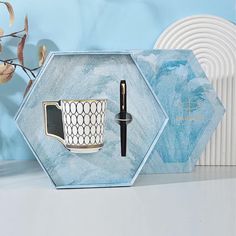 Wedgwood Gold Dust Years Blue Mug & Parker Vector XL Pen Set