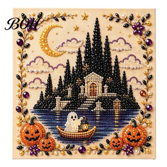 Jesienna Dekoracja Świąteczna Halloween Sztuczna Perła Artystyczna Zestaw DIY, Zestaw Rękodzieła Haftu Koralikowego 3D, Straszny Ręcznie Robiony Duch Dynia Koza Wiedźma Sztuka na Ścianę, Sezonowy