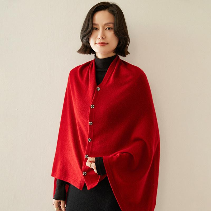 AOSSVIAO 2026 New Autumn Winter Women Pure Cashmere Shawl Solid Color Warm Side Button Knit Cape Poncho Outerwear