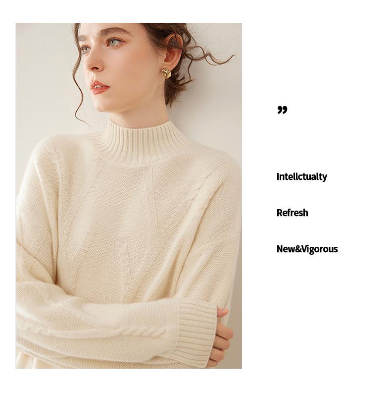 Women's Drop Shoulder Cashmere Pullover Sweater - Thickened Jacquard Knit, Half-High Neck, Long Sleeve, Versatile Loose Fit.