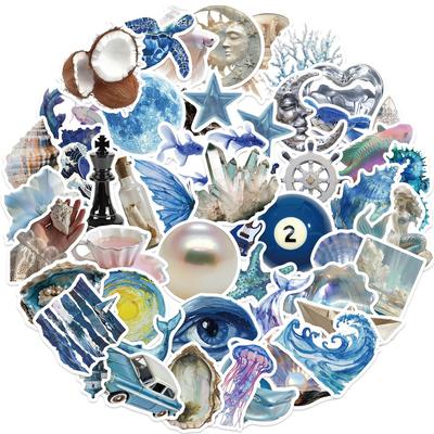 Sada 50 ks stříbrných modrých oceánských samolepek, Samolepicí vodotěsné samolepky, Ideální pro dekoraci diáře, telefonu, kytary, zavazadel