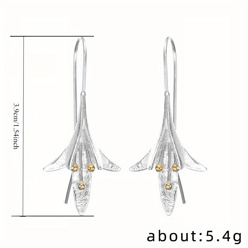 Two-tone Silver & Gold Lily Flower Drop Earrings, Brushed Metal Floral Dangle Earrings for Women