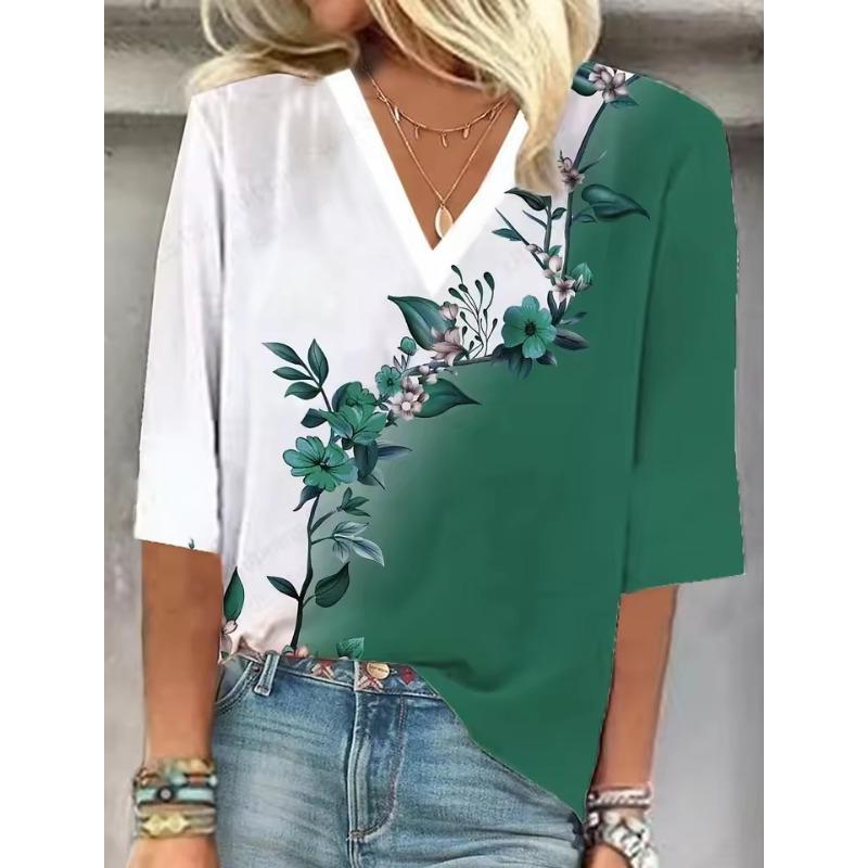 Summer New Women T-shirt Floral 3d Print Tshirt Women Fashion V-Neck Short Sleeve Oversized Tops Tee Female Clothes Harajuku Y2k