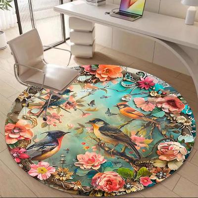 1PC Floral Birds Office Round Area Rug, Mat Suitable For Office, Under Office Chairs Bedroom Living Room Home Decor, Room Deco