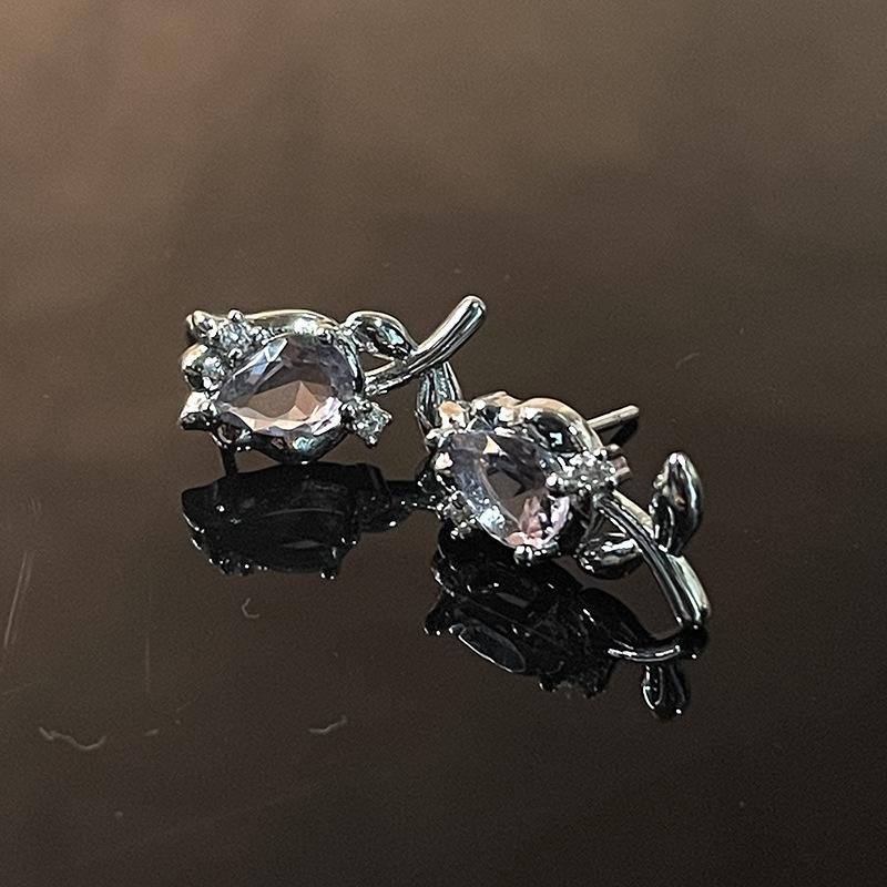 Purple Gemstone Flower Stud Earrings Female Tide Earrings Niche Design Sense Light Luxury High Sense Sweet Earrings Personality