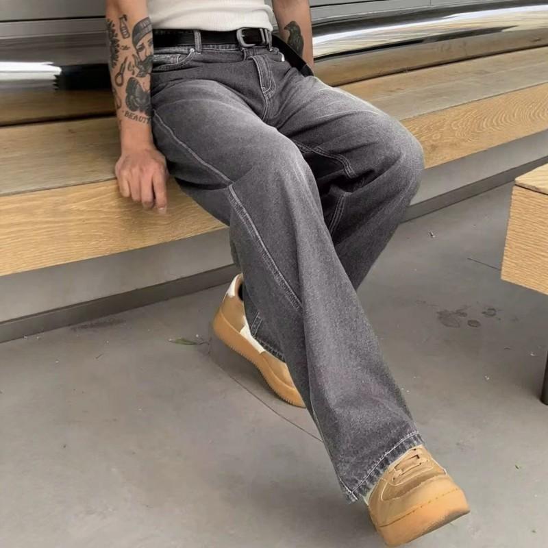 Mens High-Waisted Straight Cut Wide Leg Jeans Gray Casual Denim Pants Slimming Tapered Fit