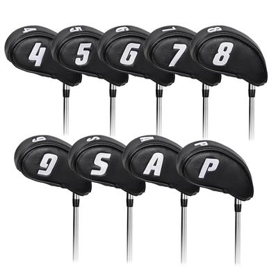 Golf Iron Stretchable Opening and Wedge Club Head Cover 9pcs Funny Numbers On Front and Black Synthetic Design Covers, Closure, Covers, Set, (4-9, P,