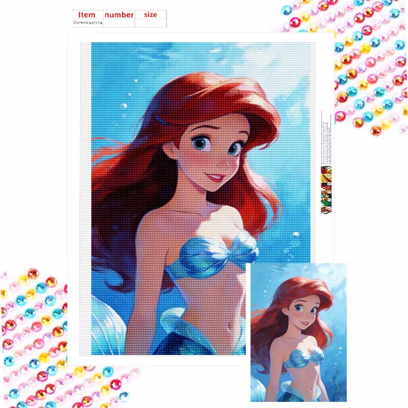 Disney Little Mermaid Princess Diamond Painted Mosaic Art Painting Kit Handmade DIY Gift Home Decor Round 20x30cm