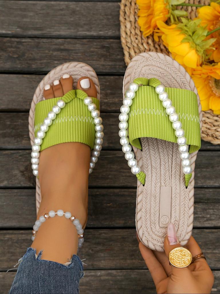 Women's Slippers Summer 2025 Soft Sole Outwear Beach Slippers Flat Bottom Pearl String Flip Flops Size43 Pantuflas Mujer