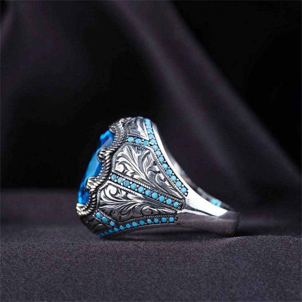 Retro Handmade Turkish Signet Ring For Men Vintage Ancient Copper Color Carved Blue Zircon Ring Punk Motor Biker Muslim Jewelry