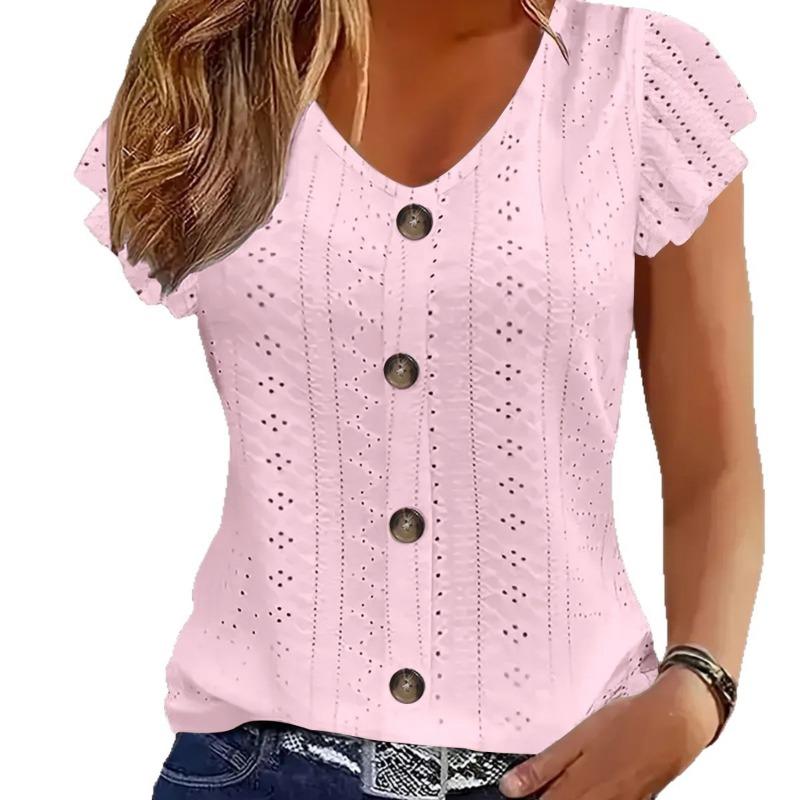 New Summer Jacquard V-neck Lace Blouse Women Solid Color Buttons T-shirt Short Sleeve Casual Top Fashion Woman Sweet Simple Elegant Shirts Loose