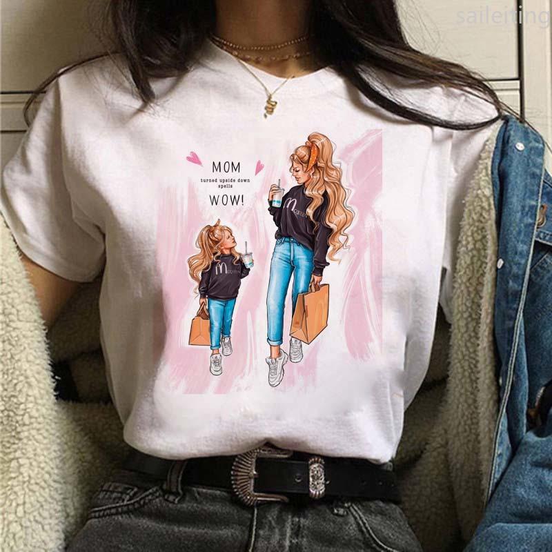 Women T-shirts Cute Mom and Daughter Black Summer Short Sleeve Female Tops Summer Sleeved Harajuku Streetwear Tops Tees