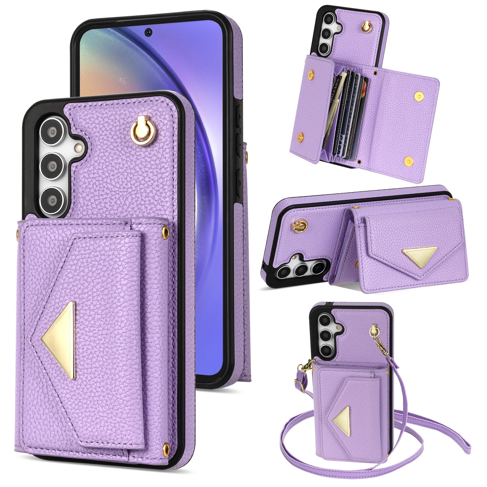 

For Samsung Galaxy S25 Case Card Slots PU+TPU Cell Phone Cover with Long Strap B