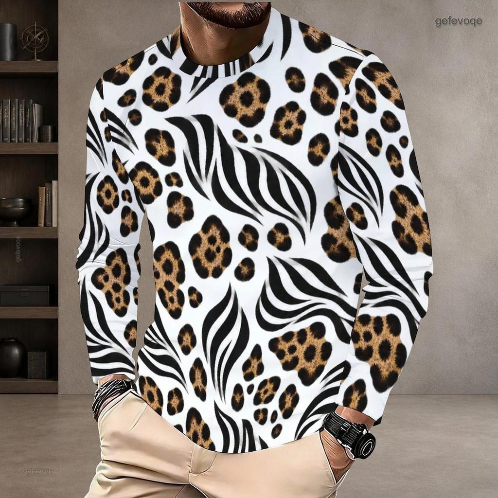 Men s Plus Size Beige Black Brown Leopard Printed Round Neck Long Sleeve Pullover T Shirt