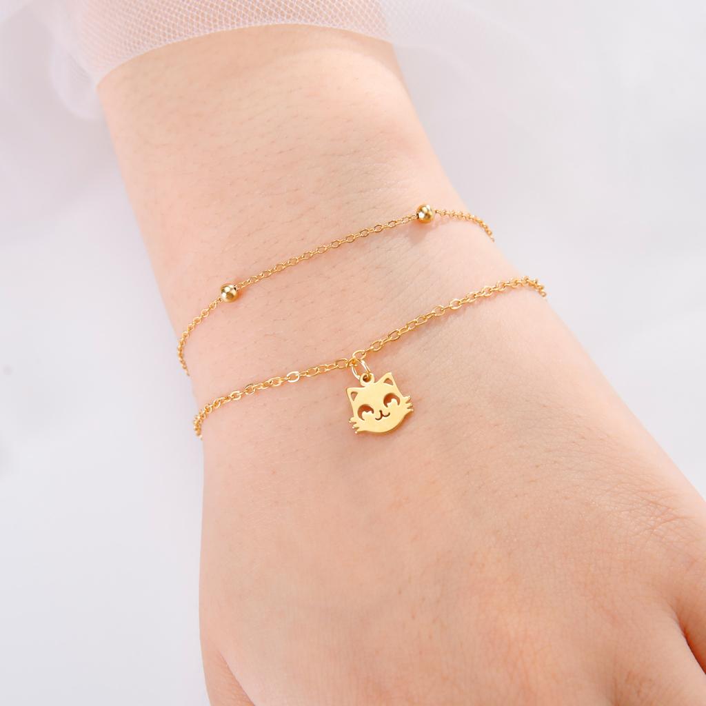 Cazador Cute Cat Kitten Head Bracelet for Women Stainless Steel Animal Double Chain Bracelet On Hand Jewelry Gift Wholesale 2026