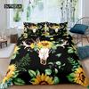 Cow Skull Bed Cover Queen Size Sunflower Cattle/Bull Skeleton Bed Linen Package Botanical Floral Leaves Boho Tribal Polyester Fabric Quilt Cover
