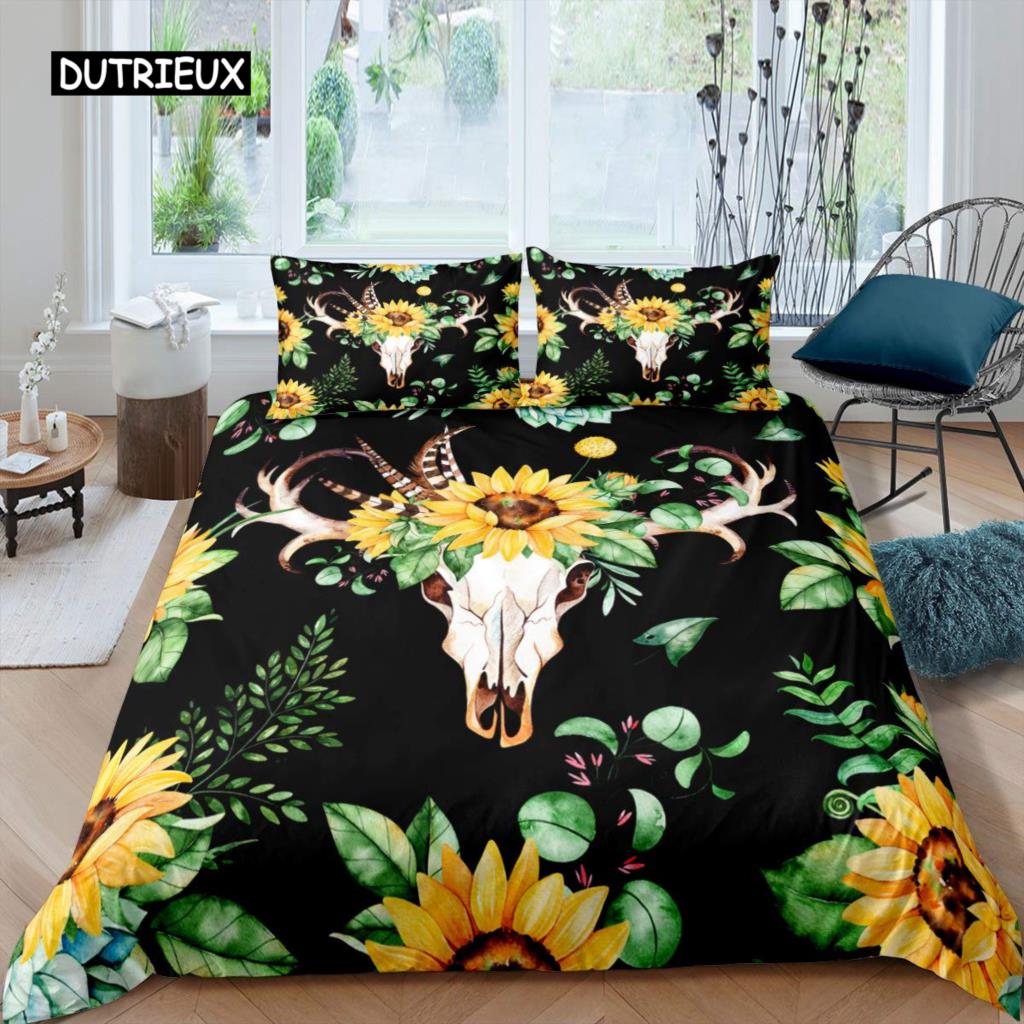 Cow Skull Bed Cover Queen Size Sunflower Cattle/Bull Skeleton Bed Linen Package Botanical Floral Leaves Boho Tribal Polyester Fabric Quilt Cover