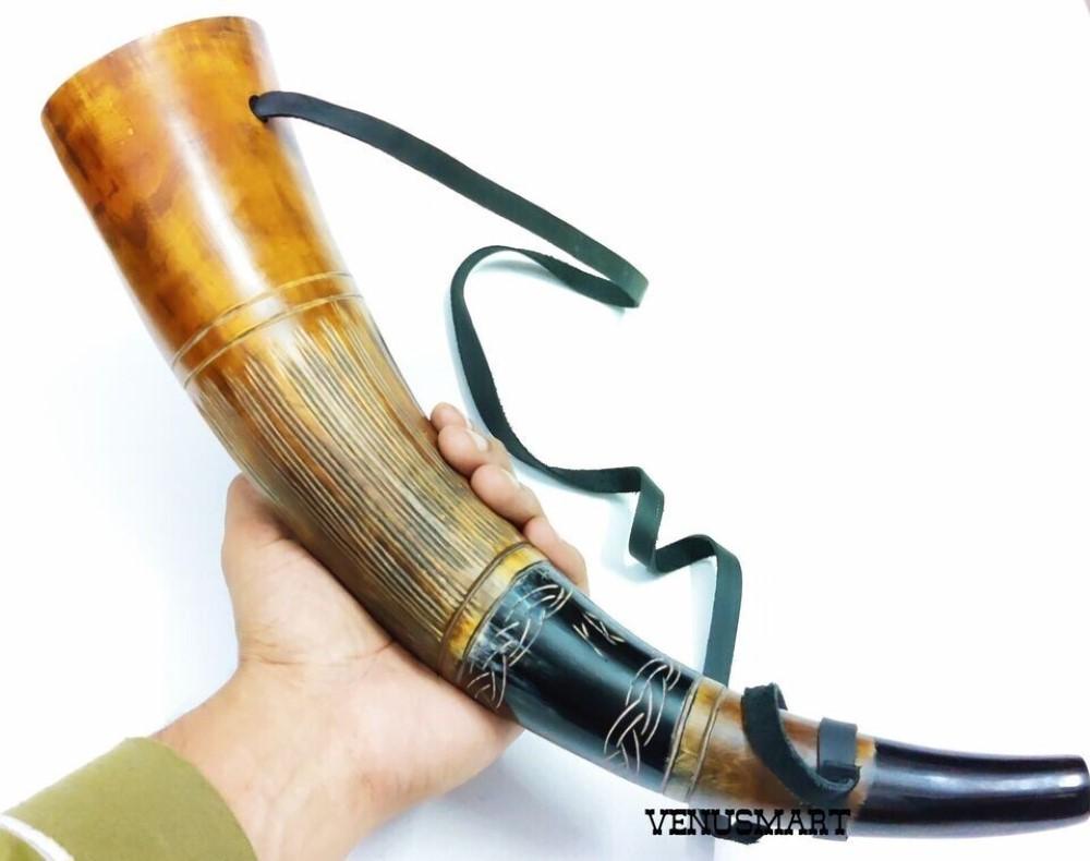 Viking Krigshorn 15" | Håndgravert Kampblåsehorn Trompet | Naturlig Horn Bugle for Jakt, Dekor og Gave