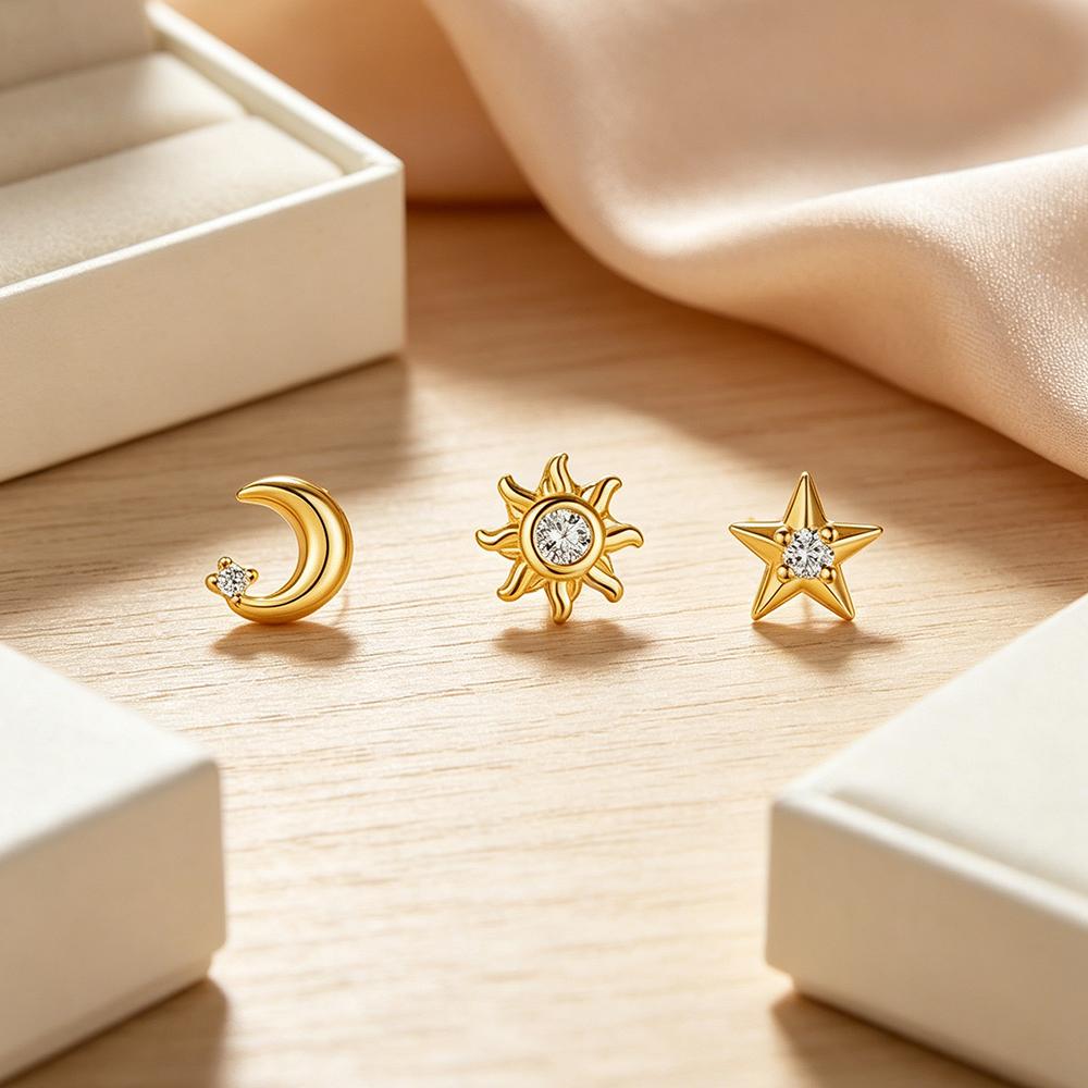 Trendy Tiny Sun Moon Star Earrings Stainless Steel Inlaid Cubic Zirconia Stackable Stud Earring for Women Hypoallergenic Jewelry gold color