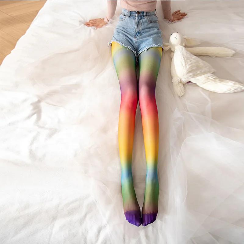 Tights Women Stockings Pantyhose Rainbow Socks Thin  Stripes Colorful Spring Autumn Gradient Pantyhose Party Gift