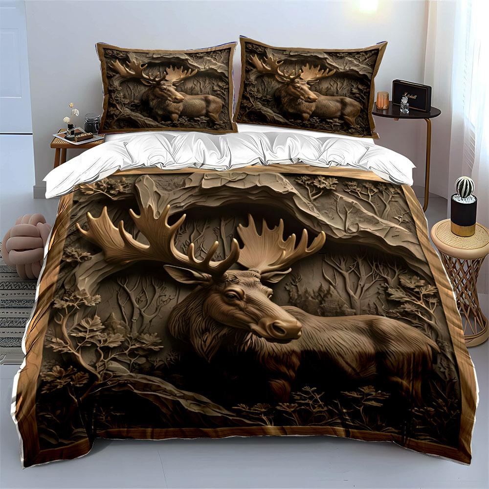 Stag In Forest Carved Design Bedding Duvet Cover Set  (1*Duvet Cover 2*Pillowcases, Without Duvet Insert)