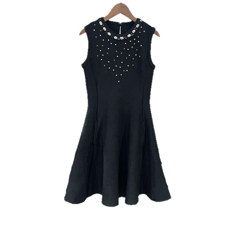 French Niche 2025 A/W Rhinestone Little Black Dress: Sleeveless, Round Neck, High Waist, A-line Short Skirt.