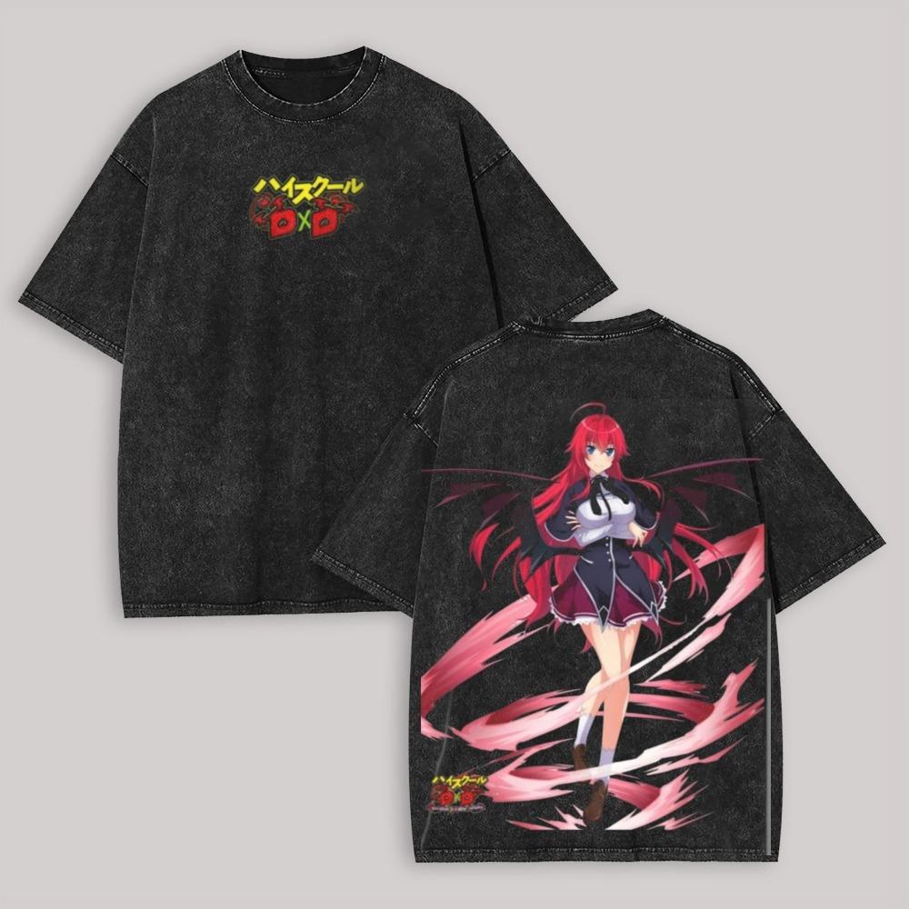 

High School DxD Ріас Греморі та Акено Хімеджіма Кимоно Вінтажний Кислотний Прання Двостороння Графіка Оверсайз Чорна Футболка | Аніме Фан Стрітвеар Мерч Футболка L чорний