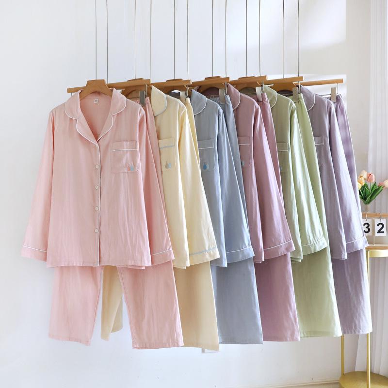 Women's Pure Cotton Gauze Pajamas - Long Sleeve, Double Layer, Thin, Casual Cardigan, Solid Color, Spring & Autumn Home Wear