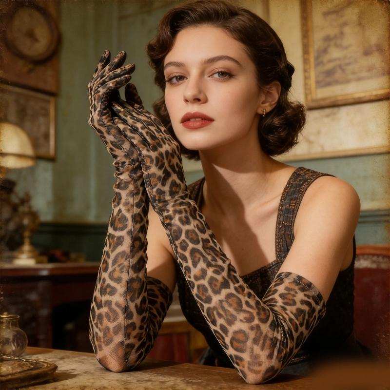 Eleganti Guanti Lunghi in Rete con Stampa Leopardata Accessorio Cosplay Guanti Lunghi Elasticizzati fino al Gomito per Feste da Ballo ed Eventi di Ballo