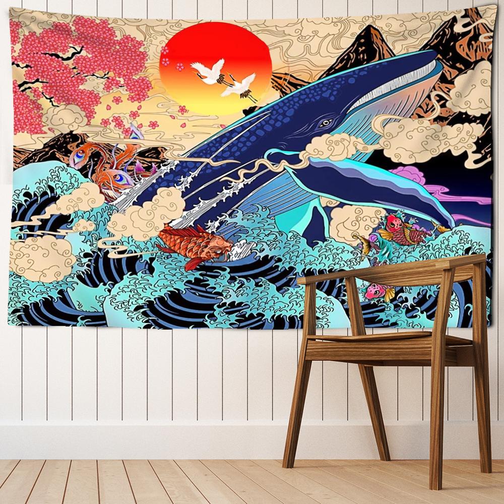 

Гобелен с изображением кита, настенный декор, красочный психоделический декор в стиле колдовства, декор для комнаты, спальни 95x70cm