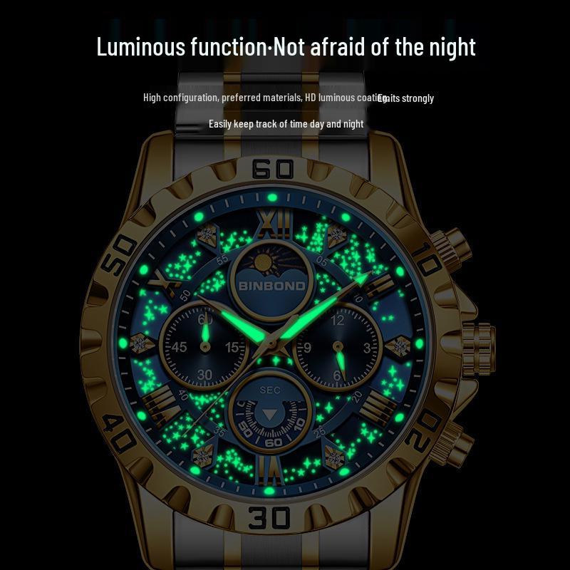BINBOND Men's Luminous Stainless Steel Moon Phase Quartz Watch