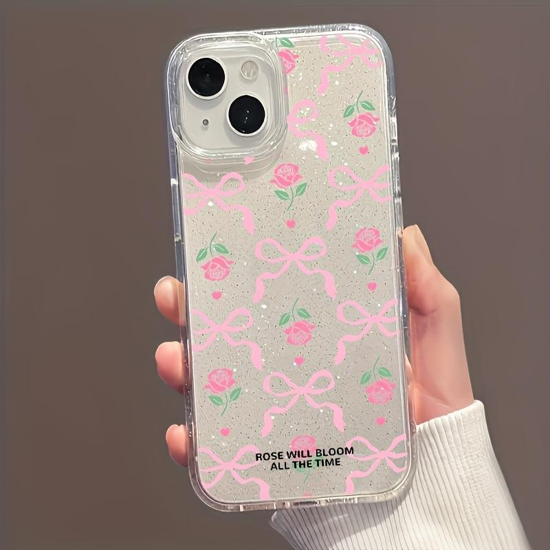 Rose bow is suitable for Apple 13 14 mobile phone case 16promax large hole glitter case XS transparent 11 cute.