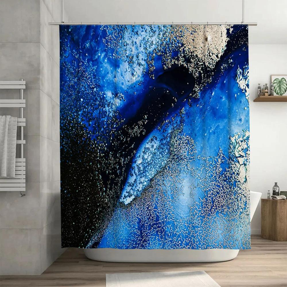 Abstract Ocean Shower Curtain - Blue & White Watercolor Waves, Waterproof Modern Bathroom Decor