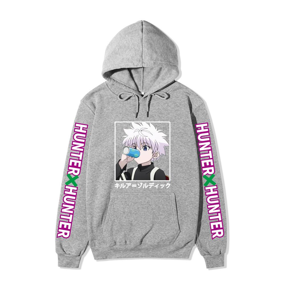 Hunter X Hunter Drinking Killua Hoodie Japanese Name Purple Letter Sleeve Anime Hooded Pullover Sweatshirt